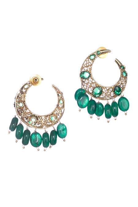 Shop Nayaab By Sonia Gold Plated Emerald Moon Glow Chandbali Earrings at Aza Fashions Shop_Nayaab By Sonia_Gold Plated Emerald Moon Glow Chandbali Earrings _at_Aza_Fashions