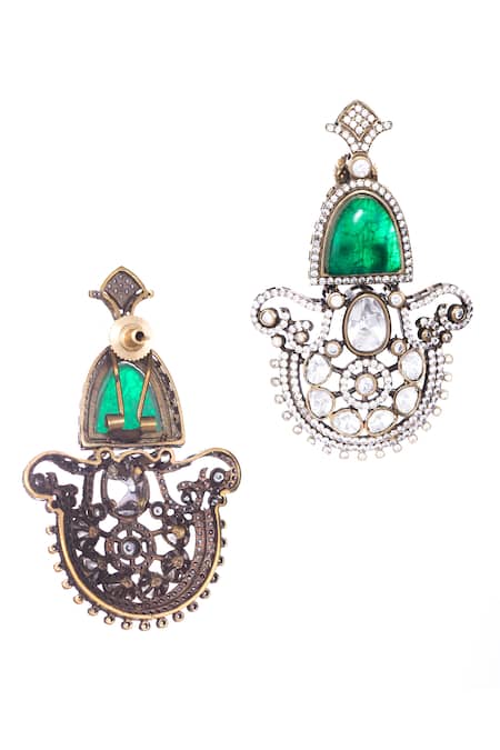 Shop Nayaab By Sonia Silver Plated Pearls, Stones Majesty Polki Earrings at Aza Fashions Shop_Nayaab By Sonia_Silver Plated Pearls, Stones Majesty Polki Earrings _at_Aza_Fashions