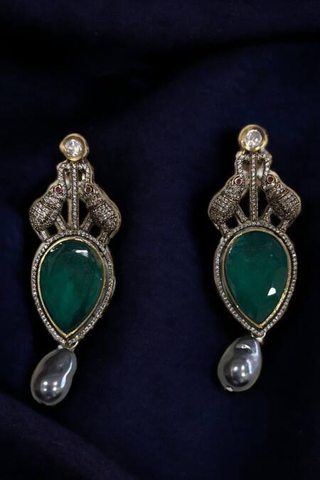 Nayaab By Sonia_Green Diamonds, Pearls Majesty Tusker Drop Earrings _Online_at_Aza_Fashions