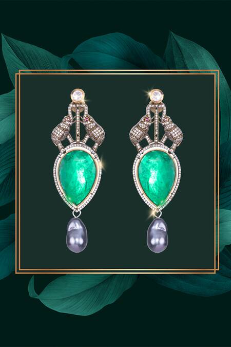 Buy_Nayaab By Sonia_Green Diamonds, Pearls Majesty Tusker Drop Earrings _Online_at_Aza_Fashions