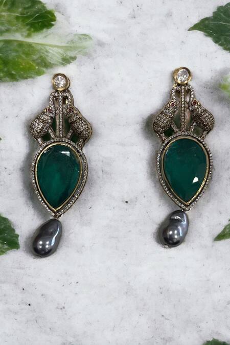 Shop_Nayaab By Sonia_Green Diamonds, Pearls Majesty Tusker Drop Earrings _Online_at_Aza_Fashions