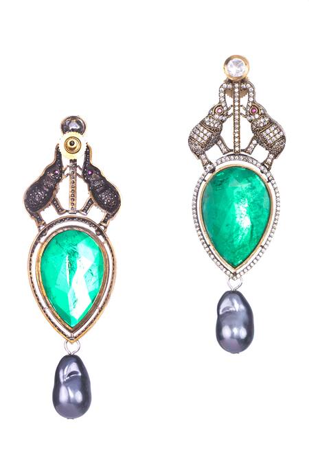 Nayaab By Sonia_Green Diamonds, Pearls Majesty Tusker Drop Earrings _at_Aza_Fashions