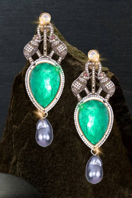 Buy_Nayaab By Sonia_Green Diamonds, Pearls Majesty Tusker Drop Earrings 