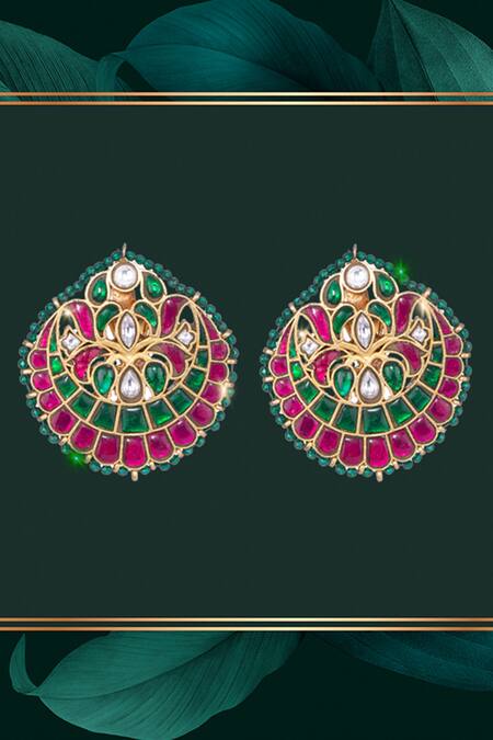 Buy_Nayaab By Sonia_Gold Plated Stones Jadau Kundan Crest Studs_Online_at_Aza_Fashions