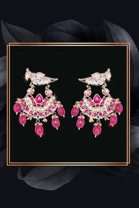 Buy_Nayaab By Sonia_Gold Plated Stones Polki Kundan Chandbali Earrings _Online_at_Aza_Fashions