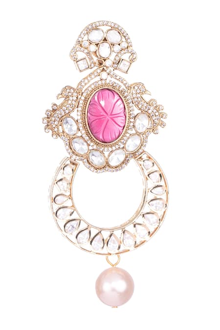 Shop_Nayaab By Sonia_Gold Plated Pearls, Stones And Polki Chandbali Earrings _Online_at_Aza_Fashions