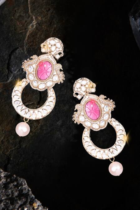 Nayaab By Sonia_Gold Plated Pearls, Stones And Polki Chandbali Earrings _at_Aza_Fashions