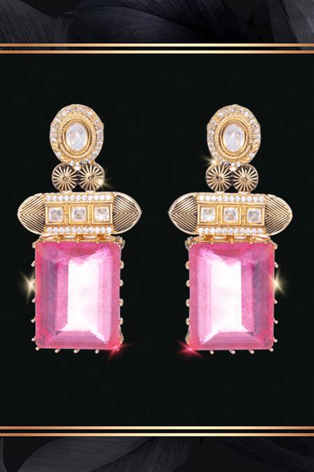 Shop_Nayaab By Sonia_Gold Plated Diamonds, Stones Polki Embellished Drop Earrings _Online_at_Aza_Fashions