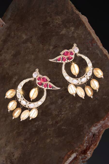 Shop_Nayaab By Sonia_Gold Plated Pearls Bird Charm Chandbalis _Online_at_Aza_Fashions