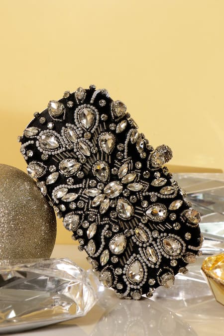 Shop Be Chic Black Crystals, Cut Work, Beads Embellished Clutch Shop_Be Chic_Black Crystals, Cut Work, Beads Embellished Clutch