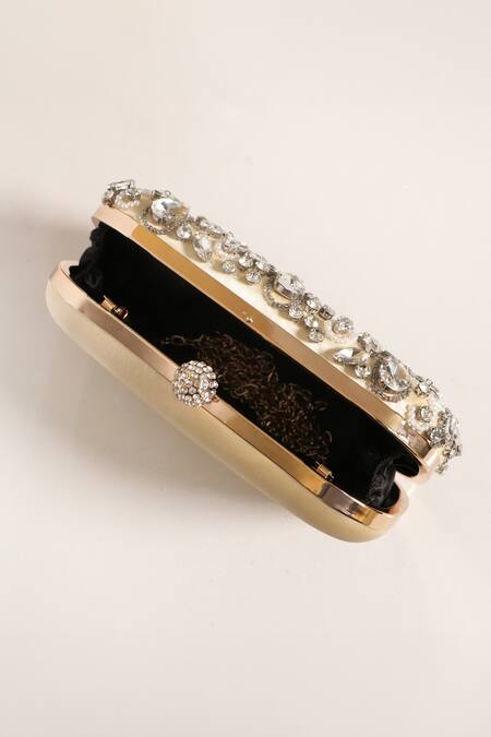 Be Chic Gold Crystals, Cut Work, Beads Embellished Clutch Online at Aza Fashions Be Chic_Gold Crystals, Cut Work, Beads Embellished Clutch_Online_at_Aza_Fashions