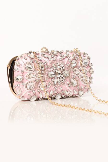 Be Chic Pink Crystals, Beads, Cut Work Embellished Clutch Online at Aza Fashions Be Chic_Pink Crystals, Beads, Cut Work Embellished Clutch_Online_at_Aza_Fashions