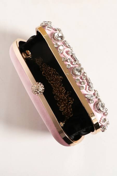 Buy Be Chic Pink Crystals, Beads, Cut Work Embellished Clutch Online at Aza Fashions Buy_Be Chic_Pink Crystals, Beads, Cut Work Embellished Clutch_Online_at_Aza_Fashions