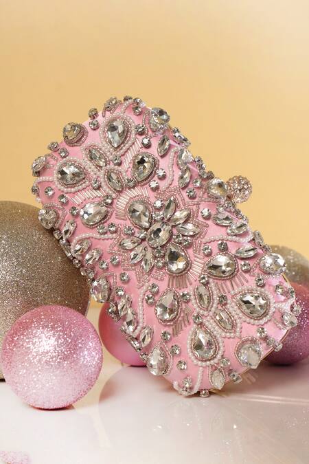 Shop Be Chic Pink Crystals, Beads, Cut Work Embellished Clutch Online at Aza Fashions Shop_Be Chic_Pink Crystals, Beads, Cut Work Embellished Clutch_Online_at_Aza_Fashions