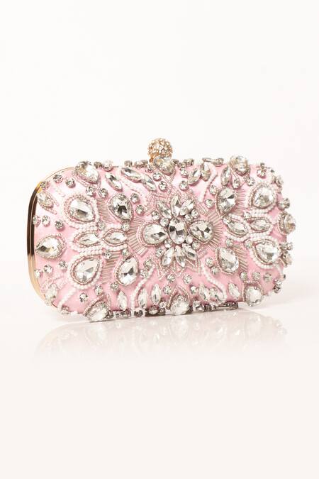 Be Chic Pink Crystals, Beads, Cut Work Embellished Clutch at Aza Fashions Be Chic_Pink Crystals, Beads, Cut Work Embellished Clutch_at_Aza_Fashions