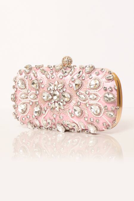 Shop Be Chic Pink Crystals, Beads, Cut Work Embellished Clutch Shop_Be Chic_Pink Crystals, Beads, Cut Work Embellished Clutch