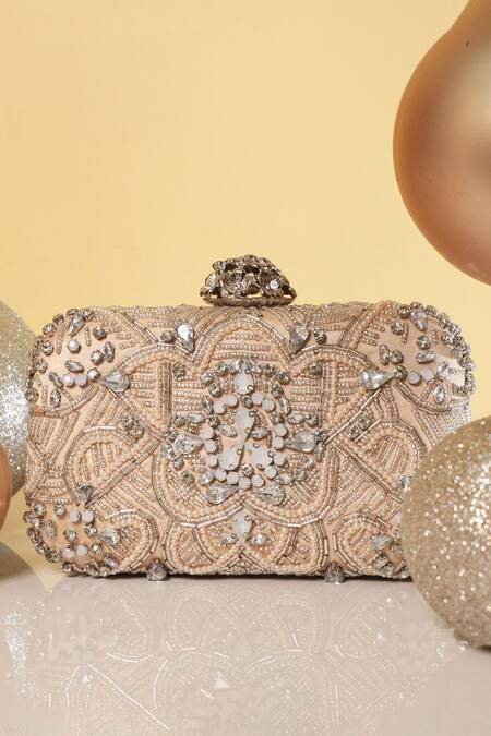 Be Chic_Gold Crystals, Cut Work, Pearls Embellished Clutch_Online_at_Aza_Fashions