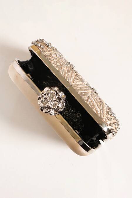 Buy_Be Chic_Gold Crystals, Cut Work, Pearls Embellished Clutch_Online_at_Aza_Fashions