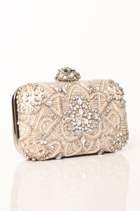 Shop_Be Chic_Gold Crystals, Cut Work, Pearls Embellished Clutch_Online_at_Aza_Fashions