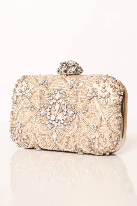 Be Chic_Gold Crystals, Cut Work, Pearls Embellished Clutch_at_Aza_Fashions