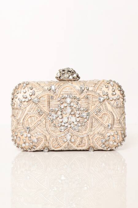 Shop_Be Chic_Gold Crystals, Cut Work, Pearls Embellished Clutch