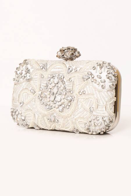 Be Chic_Ivory Crystals, Cut Work, Pearls Embellished Clutch_Online_at_Aza_Fashions