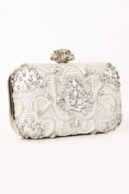 Buy_Be Chic_Ivory Crystals, Cut Work, Pearls Embellished Clutch_Online_at_Aza_Fashions