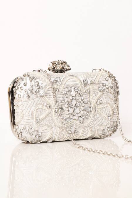 Shop_Be Chic_Ivory Crystals, Cut Work, Pearls Embellished Clutch_Online_at_Aza_Fashions