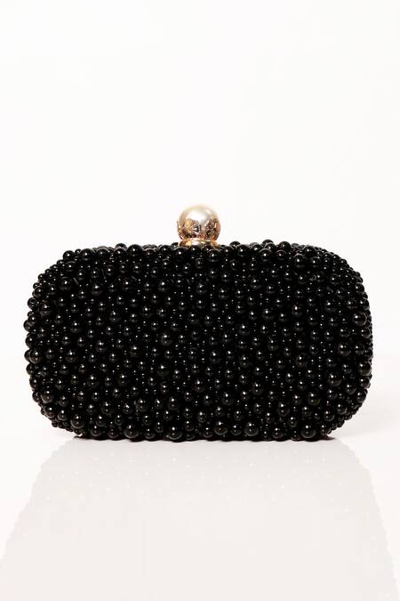 Be Chic_Black Pearls Embellished Satin Clutch_Online_at_Aza_Fashions