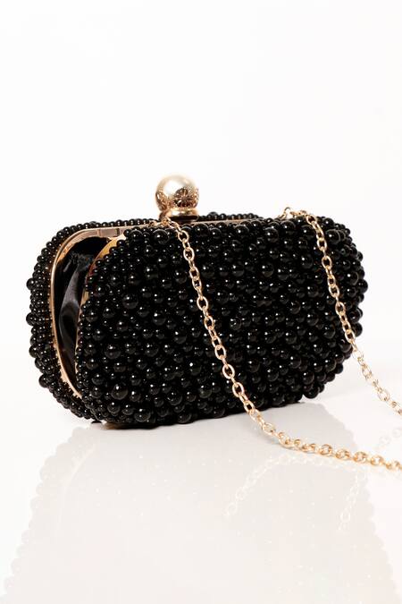 Buy_Be Chic_Black Pearls Embellished Satin Clutch_Online_at_Aza_Fashions