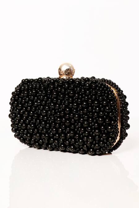 Shop_Be Chic_Black Pearls Embellished Satin Clutch_Online_at_Aza_Fashions