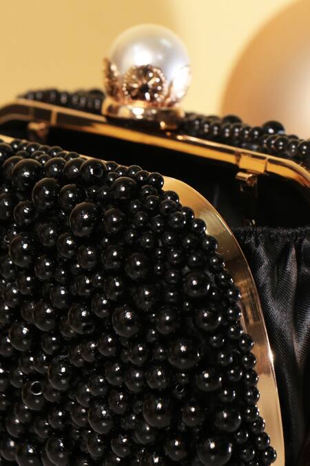 Be Chic_Black Pearls Embellished Satin Clutch_at_Aza_Fashions