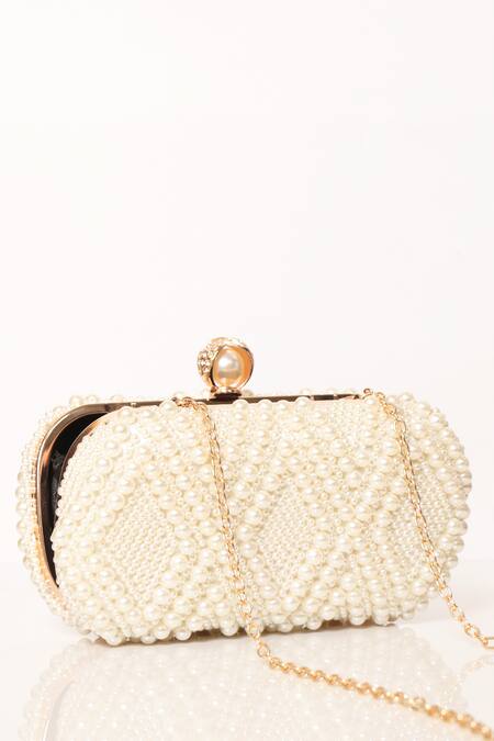 Be Chic_Ivory Pearls Embellished Clutch_at_Aza_Fashions