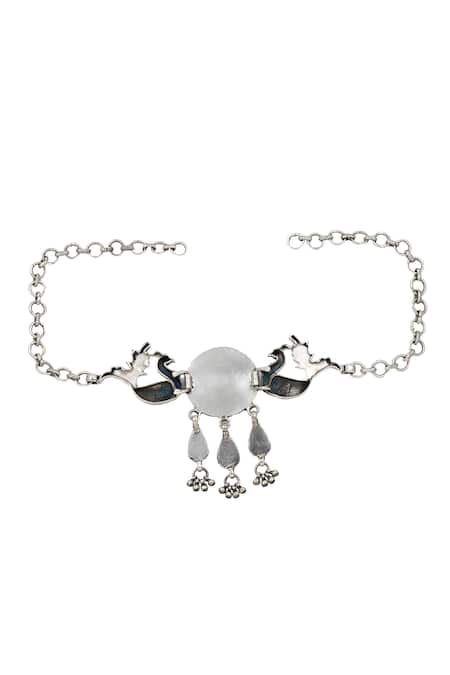 Shop Sangeeta Boochra Silver Plated Peacock And Floral Carved Pendant Choker at Aza Fashions Shop_Sangeeta Boochra_Silver Plated Peacock And Floral Carved Pendant Choker _at_Aza_Fashions