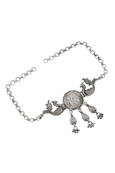 Sangeeta Boochra Silver Plated Peacock And Floral Carved Pendant Choker Online at Aza Fashions Sangeeta Boochra_Silver Plated Peacock And Floral Carved Pendant Choker _Online_at_Aza_Fashions
