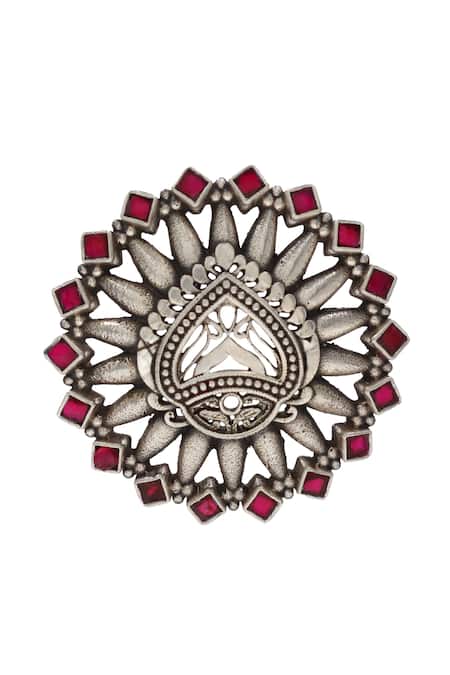 Shop Sangeeta Boochra Pink Stones, Cut Work Kundan Embellished Silver Ring at Aza Fashions Shop_Sangeeta Boochra_Pink Stones, Cut Work Kundan Embellished Silver Ring _at_Aza_Fashions