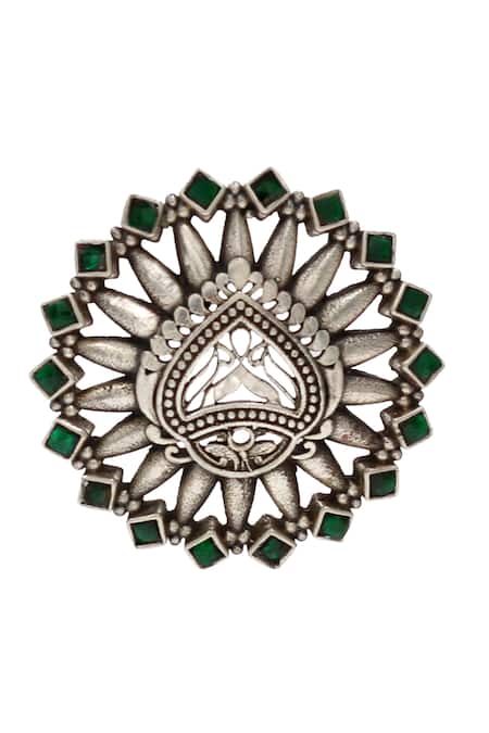 Shop Sangeeta Boochra Green Stones Kundan Embellished Silver Ring at Aza Fashions Shop_Sangeeta Boochra_Green Stones Kundan Embellished Silver Ring _at_Aza_Fashions