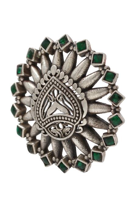 Buy Sangeeta Boochra Green Stones Kundan Embellished Silver Ring Online at Aza Fashions Buy_Sangeeta Boochra_Green Stones Kundan Embellished Silver Ring _Online_at_Aza_Fashions