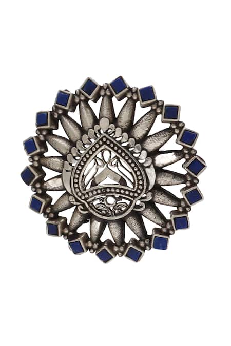 Shop Sangeeta Boochra Blue Crystals Kundan Cutwork Silver Ring at Aza Fashions Shop_Sangeeta Boochra_Blue Crystals Kundan Cutwork Silver Ring _at_Aza_Fashions