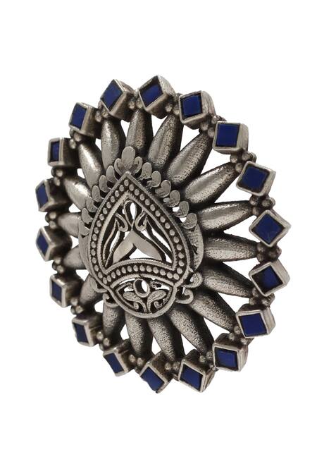 Buy Sangeeta Boochra Blue Crystals Kundan Cutwork Silver Ring Online at Aza Fashions Buy_Sangeeta Boochra_Blue Crystals Kundan Cutwork Silver Ring _Online_at_Aza_Fashions