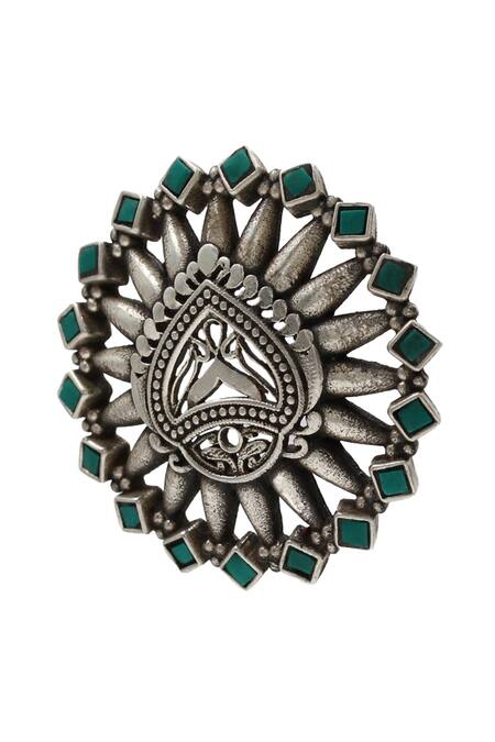 Sangeeta Boochra_Green Crystals Kundan Cutwork Silver Ring _Online_at_Aza_Fashions