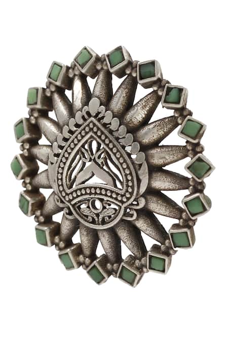 Buy_Sangeeta Boochra_Green Stones Geometric Carved Hydro Ring _Online_at_Aza_Fashions