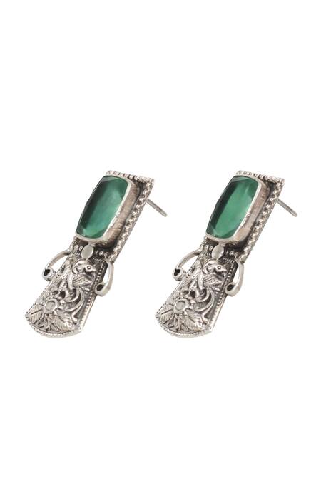 Sangeeta Boochra_Green Geometric Hydro Stone Peacock Earrings _Online_at_Aza_Fashions