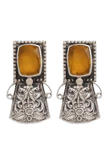 Shop Sangeeta Boochra Yellow Hydro Stone Geometric Peacock Earrings at Aza Fashions Shop_Sangeeta Boochra_Yellow Hydro Stone Geometric Peacock Earrings _at_Aza_Fashions