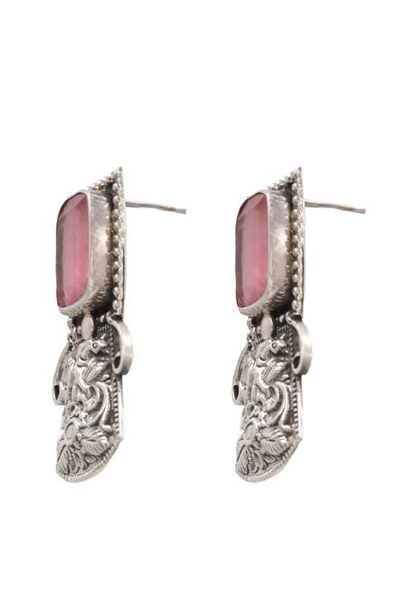 Sangeeta Boochra_Pink Geometric Peacock Silver Earrings _Online_at_Aza_Fashions