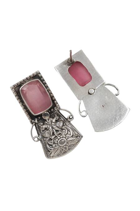 Buy_Sangeeta Boochra_Pink Geometric Peacock Silver Earrings _Online_at_Aza_Fashions