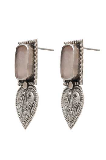 Shop Sangeeta Boochra Pink Peacock Carved Silver Earrings Online at Aza Fashions Shop_Sangeeta Boochra_Pink Peacock Carved Silver Earrings _Online_at_Aza_Fashions