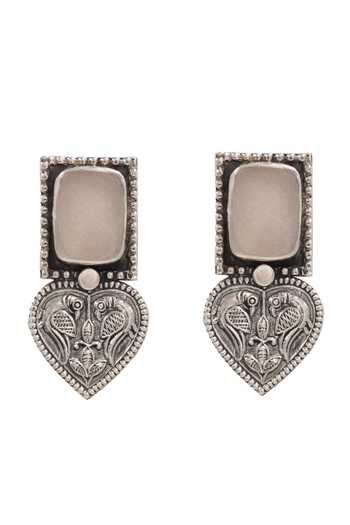 Shop Sangeeta Boochra Pink Peacock Carved Silver Earrings at Aza Fashions Shop_Sangeeta Boochra_Pink Peacock Carved Silver Earrings _at_Aza_Fashions