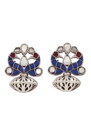 Shop Sangeeta Boochra Blue Pearls, Stones Kundan Drop Earrings at Aza Fashions Shop_Sangeeta Boochra_Blue Pearls, Stones Kundan Drop Earrings _at_Aza_Fashions