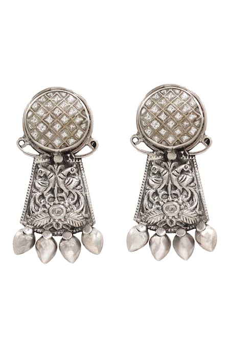 Shop Sangeeta Boochra Silver Plated Floral Kundan Embellished Earrings at Aza Fashions Shop_Sangeeta Boochra_Silver Plated Floral Kundan Embellished Earrings _at_Aza_Fashions